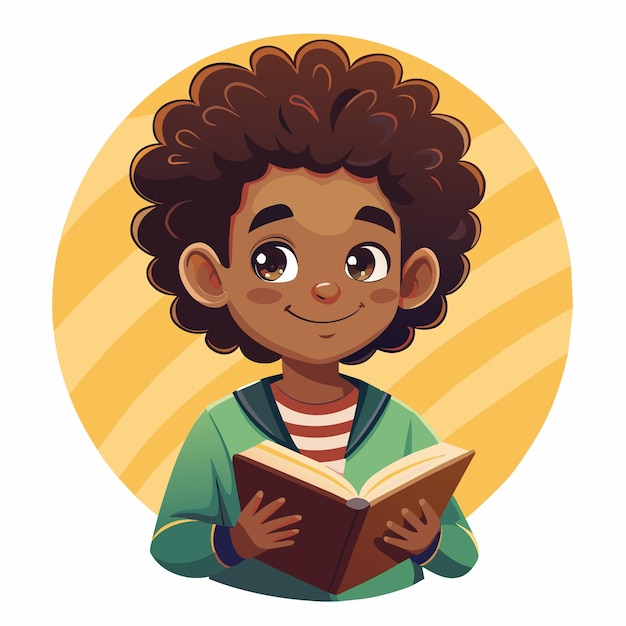 Boy with curly hair reading a book hand drawn mascot cartoon character sticker icon concept isolated