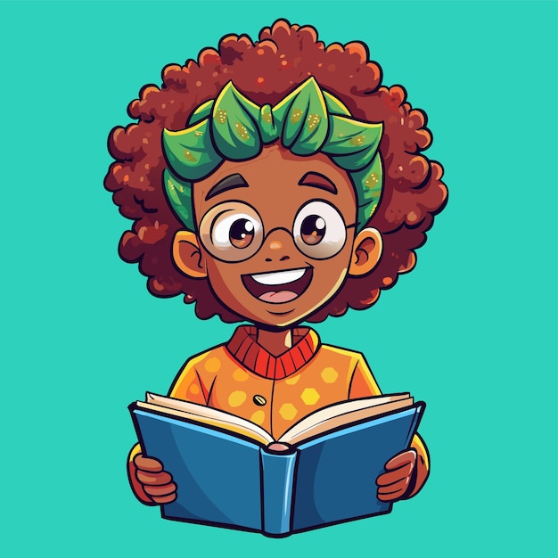 Boy with curly hair reading a book hand drawn mascot cartoon character sticker icon concept isolated