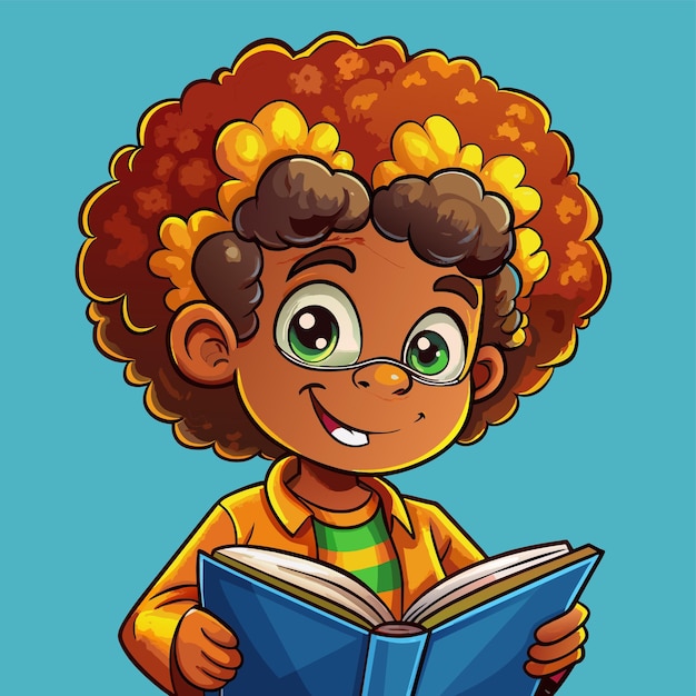 Boy with curly hair reading a book hand drawn mascot cartoon character sticker icon concept isolated