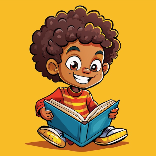 Boy with curly hair reading a book hand drawn mascot cartoon character sticker icon concept isolated