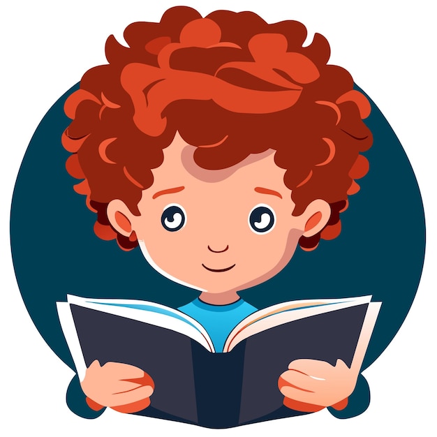 Vector boy with curly hair reading a book illustration