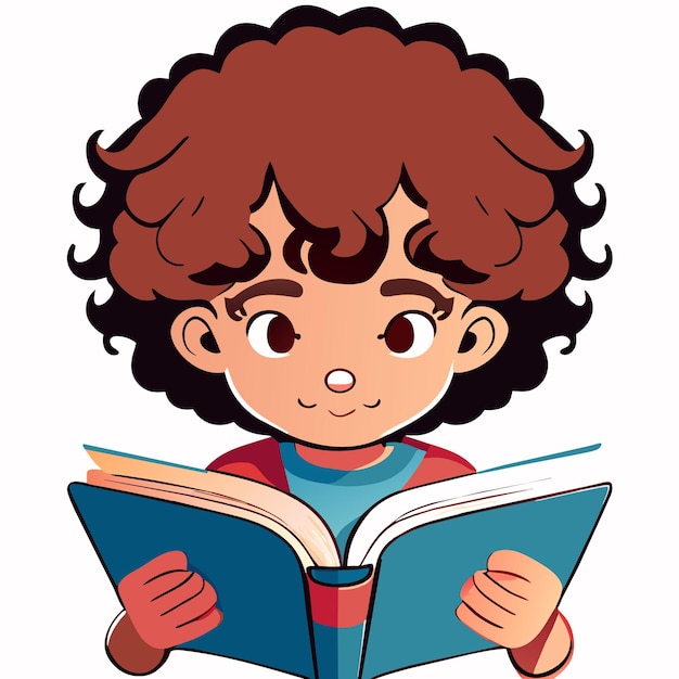 Vector boy with curly hair reading a book illustration