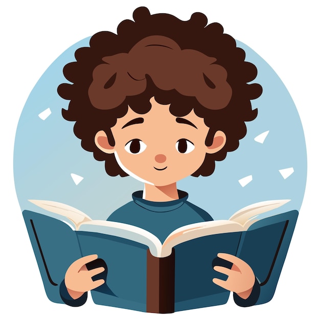 Vector boy with curly hair reading a book illustration