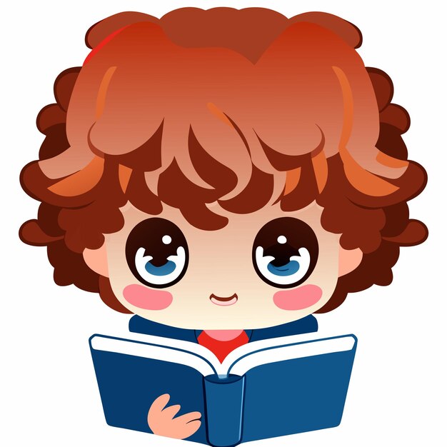 Vector boy with curly hair reading a book illustration