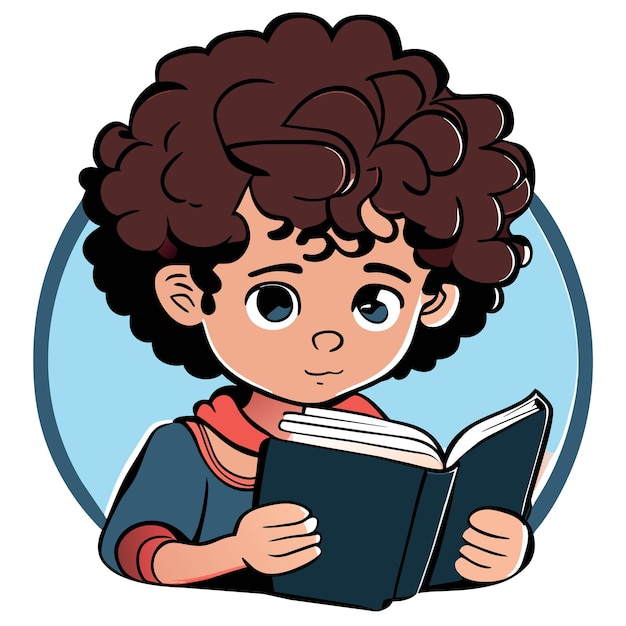 Boy with curly hair reading a book illustration