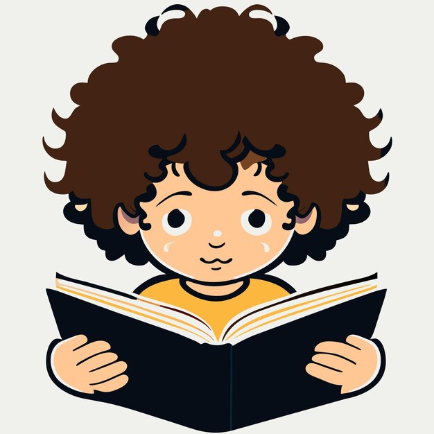 Vector boy with curly hair reading a book illustration