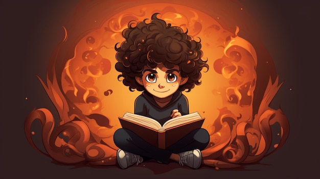 Vector a boy with curly hair sits on a branch and reads a book