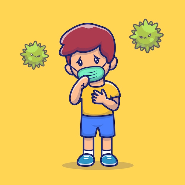 Мальчик с иллюстрацией значка лихорадки и гриппа. корона талисман персонажей мультфильма. человек иконка концепция изолированные