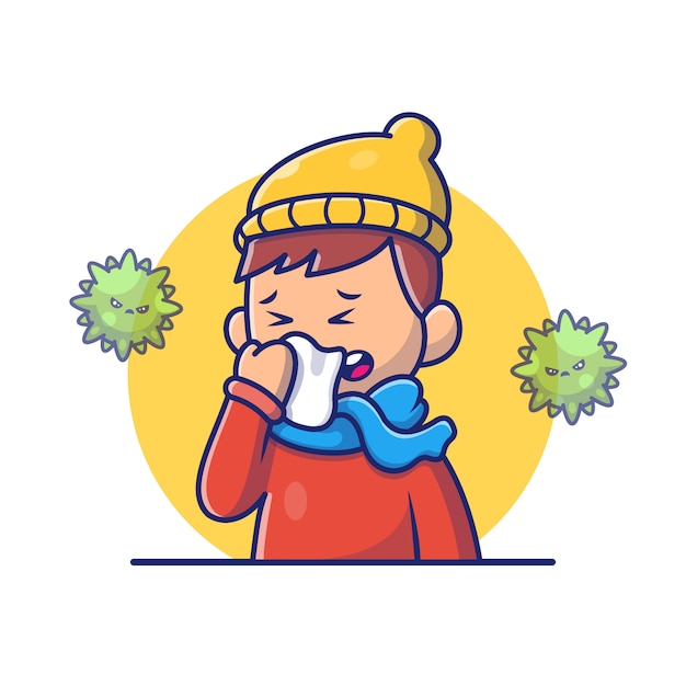 Boy with fever and flu icon illustration. corona mascot cartoon characters. person icon concept white isolated