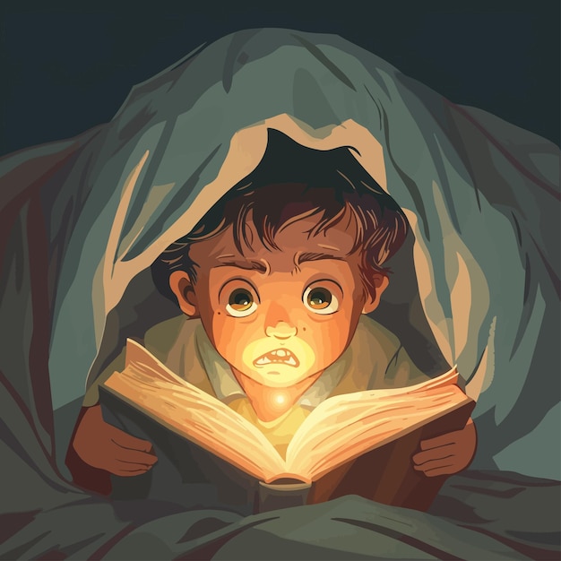 Boy_with_flashlight_reads_book_lying_under_cover