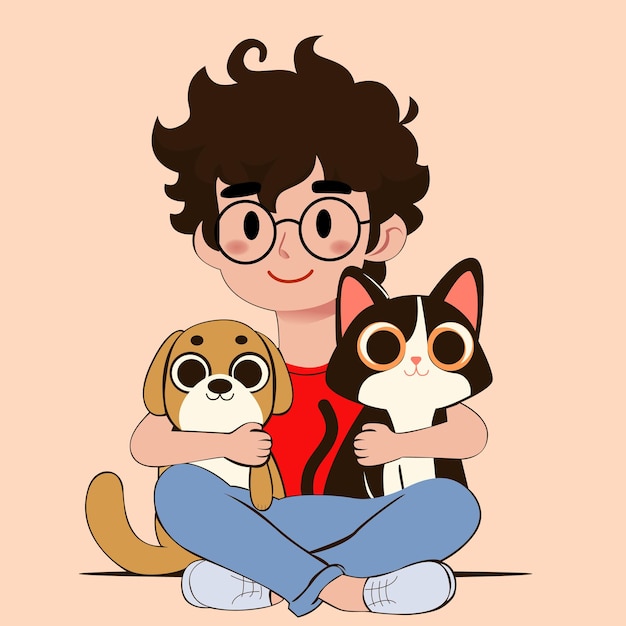a boy with glasses and a cat and a dog