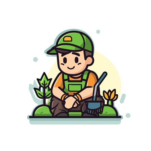 Vector a boy with a green hat and a watering can with a plant in his hand.