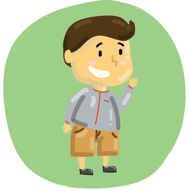 A boy with grey jacket waving his hand vector