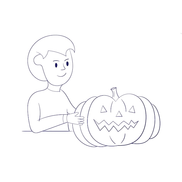 Boy with halloween pumpkin modern style vector white background coloring book