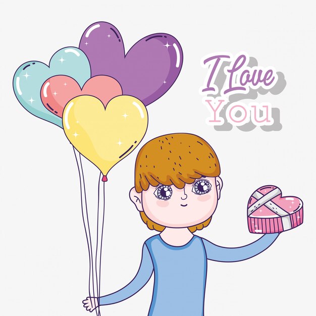 Boy with hearts balloons and chocolate with love message