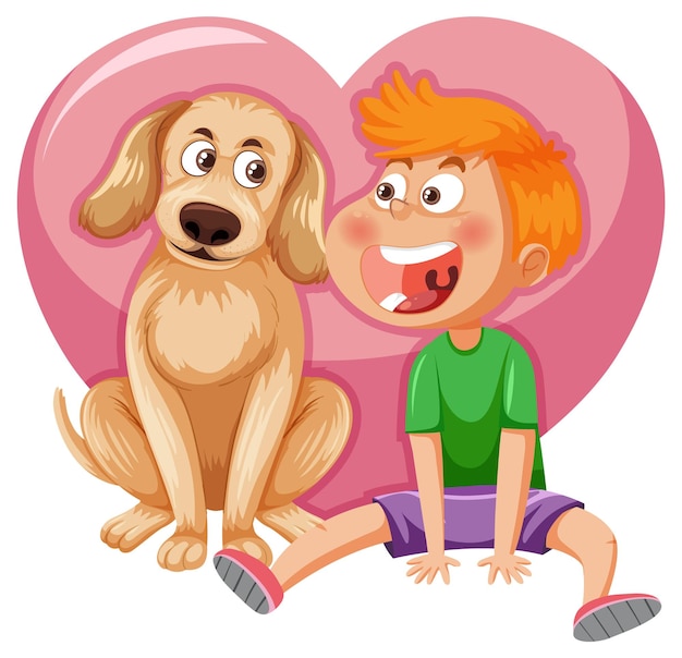 Vector a boy with his dog on heart background