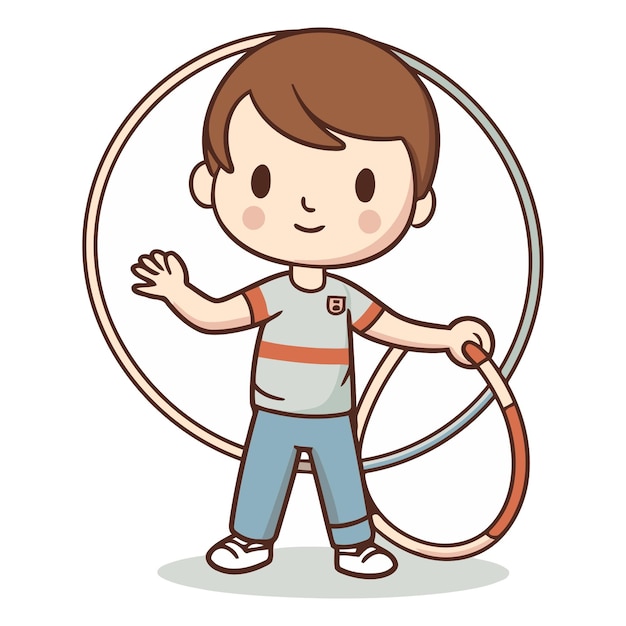 Vector boy with hula hoop isolated on white background