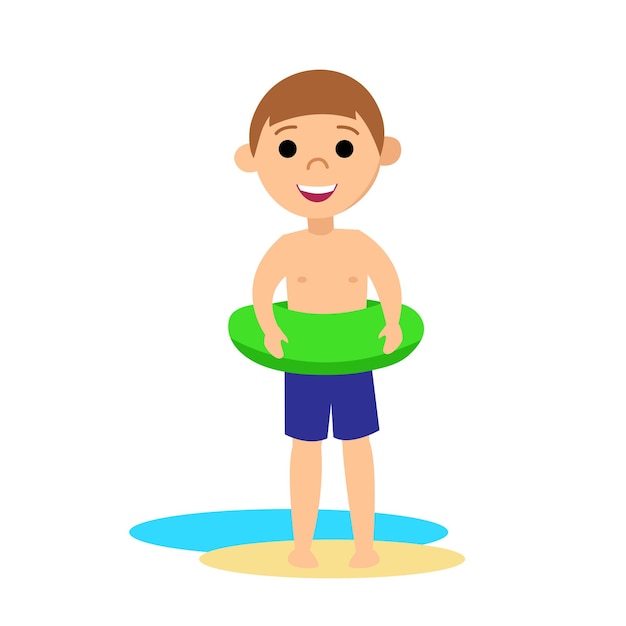 Boy with inflatable circle is on the beach. the cartoon style.