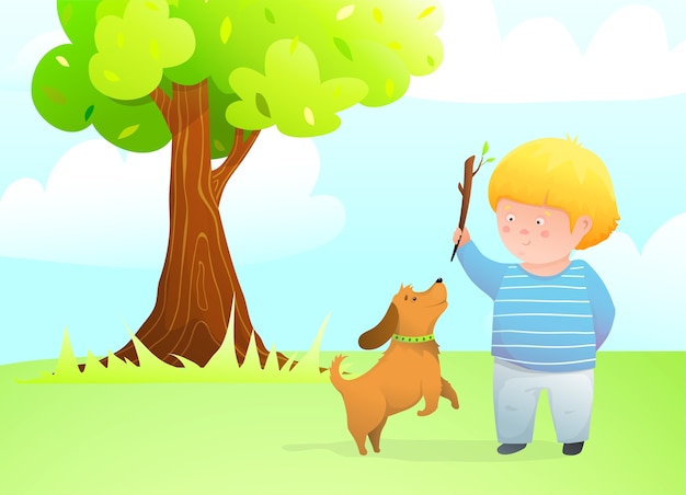 A boy with jumping dog friend playing outside throwing stick for puppy on lawn under the oak tree.