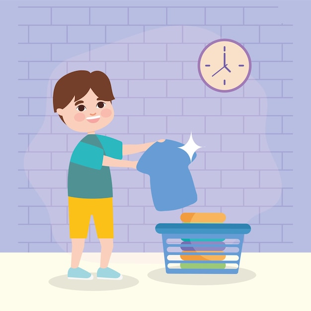 Boy with laundry basket and tshirt in front of wall