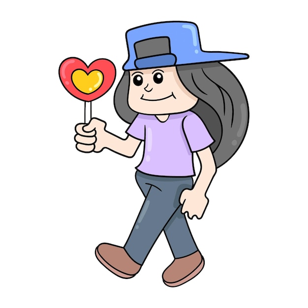 Boy with long hair is carrying candy love doodle icon image kawaii