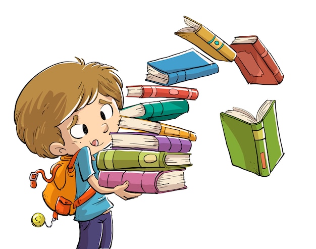 Boy with a lot of books