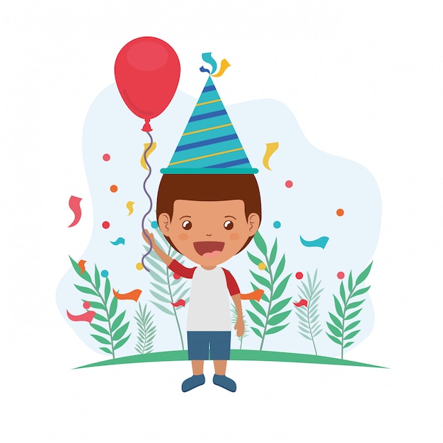 Vector boy with party hat and helium balloon in birthday celebration