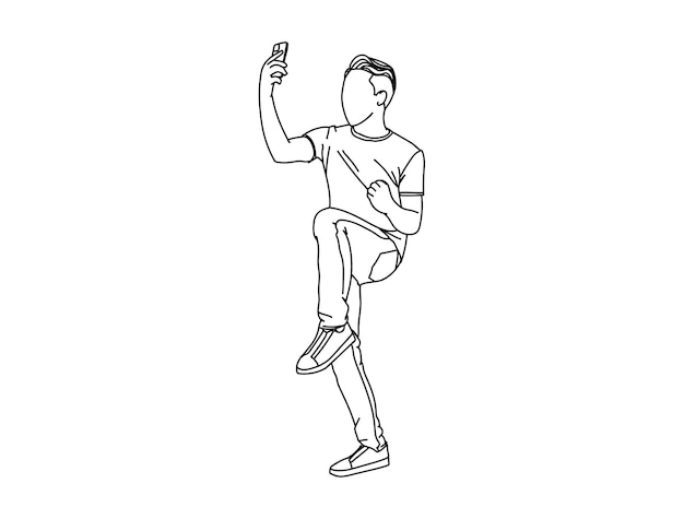 Boy with Phone Line Art Drawing