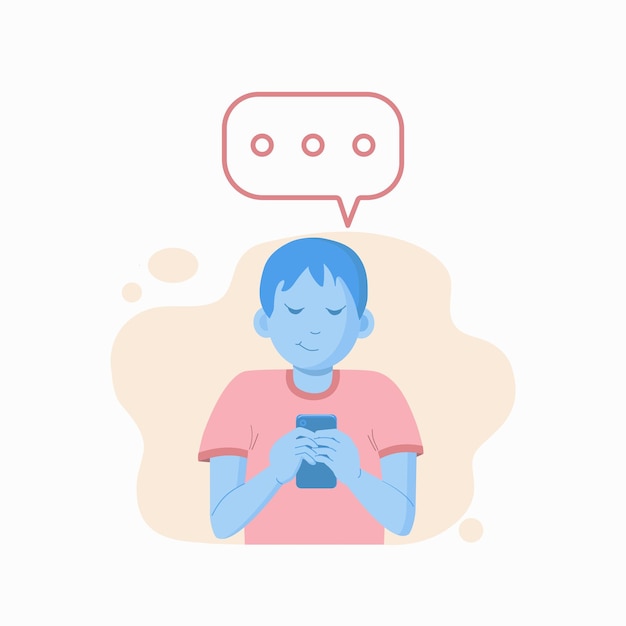 The boy with the phone writes a message Chat correspondence in the network internetMan and smartphone Vector flat illustration