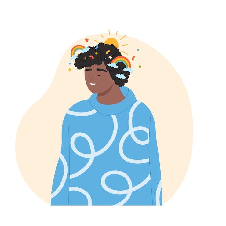 Vector boy with positive thinking rainbow