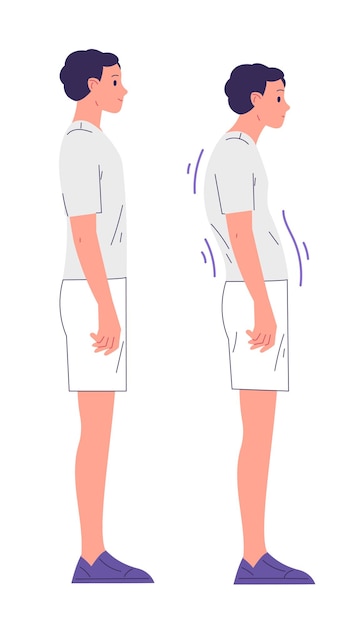 올바른 자세와 자세 문제가 있는 소년