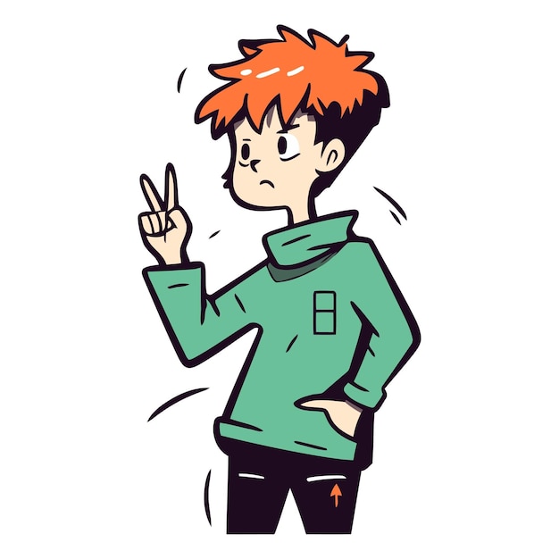 Vector boy with red hair and green sweatshirt showing victory sign