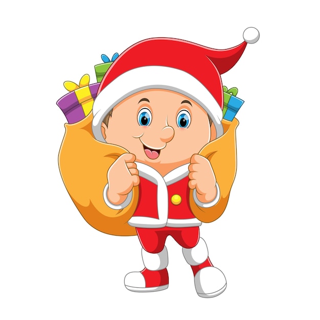 Il ragazzo con il costume di babbo natale sta portando il grande sacco di doni di illustrazione