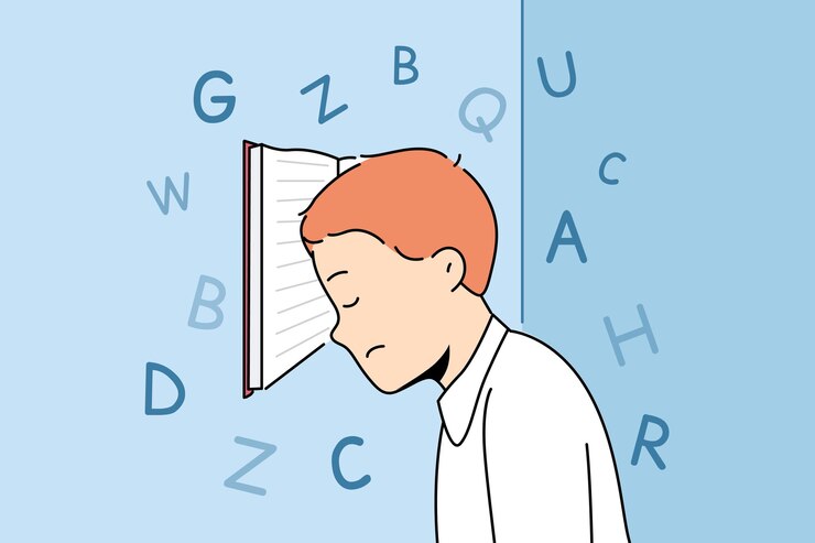 Vector 힘든 수업으로 인해 학교 교과서가 지친 소년은 책 위에 머리를 기대고 서 있습니다.