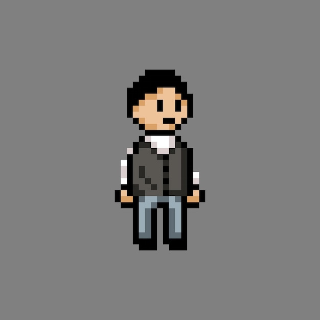 boy with short black hair use school uniform outfit in pixel art style