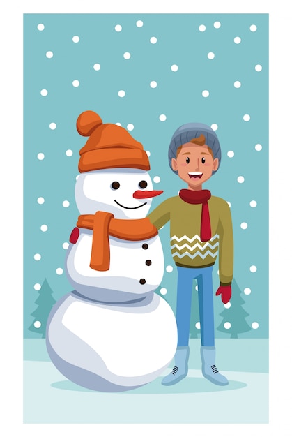 Boy with snowman cartoon