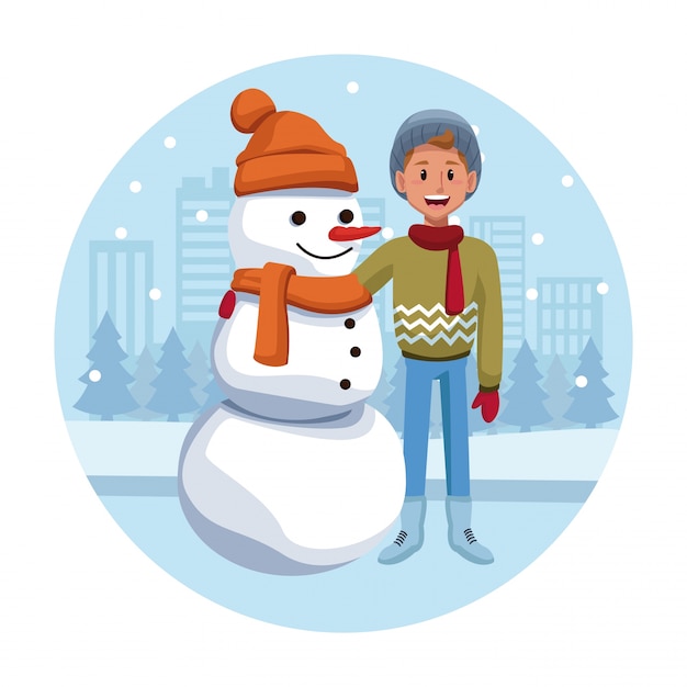 Boy with snowman cartoon