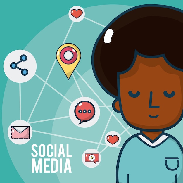 Boy with social media network icons