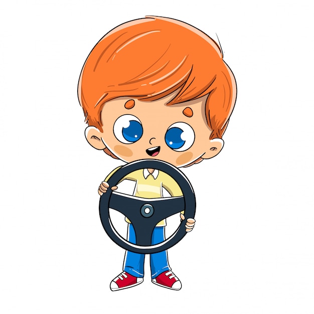 Boy with a steering wheel in his hand driving