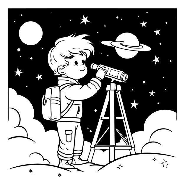 Boy with telescope and planet in black and white