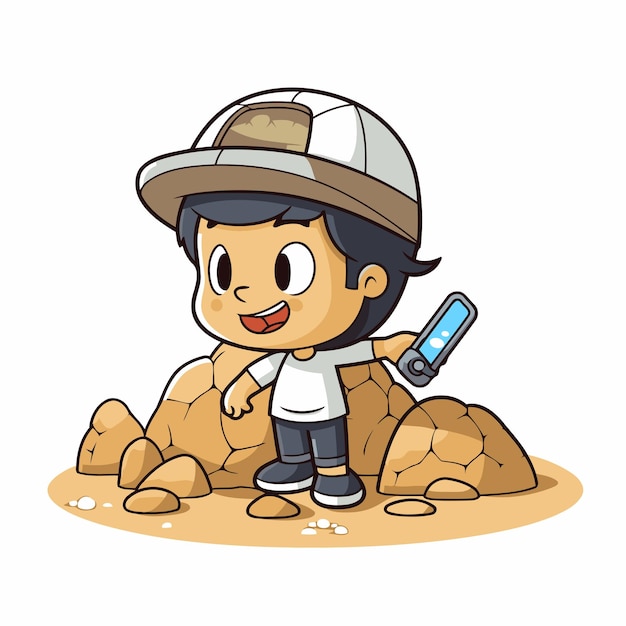 Boy with a thermometer on the rock vector cartoon illustration