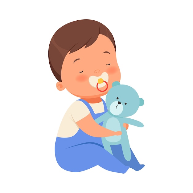 Vector boy with toy teddy bears is sitting vector illustration on a white background