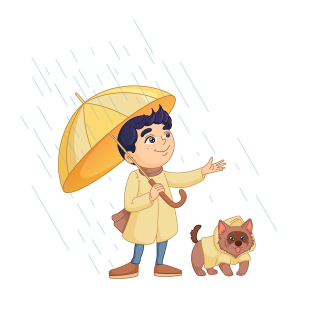 우산을 든 소년은 노란 비옷을 입은 귀여운 강아지 애완동물을 비 속에서 서 있습니다