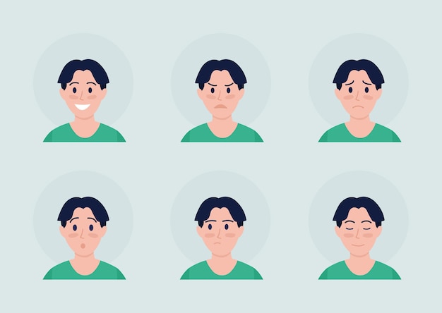 Boy with various emotions semi flat color vector character avatar set