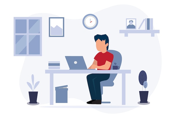 Boy work from home in laptop vector illustration