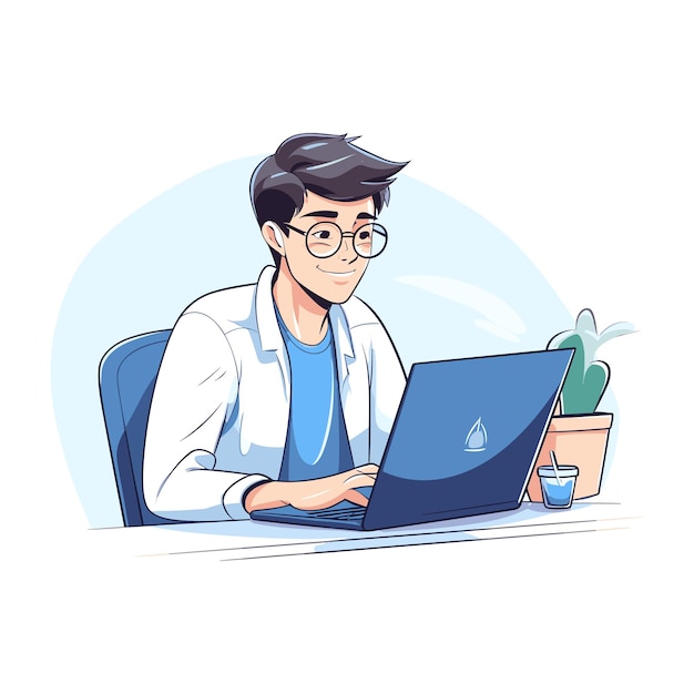 A boy working at the desk flat illustration