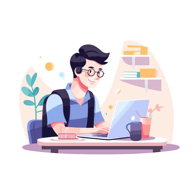 A boy working at the desk flat illustration