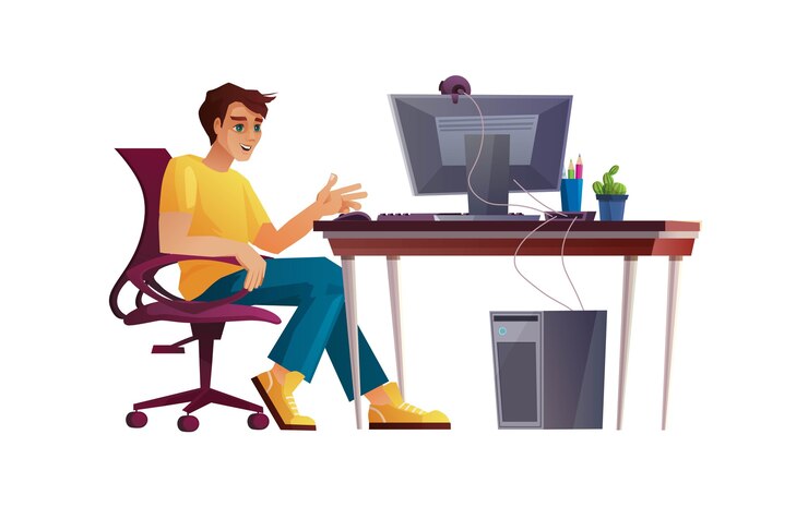 Vector boy working from home office, student or freelancer at computer table.