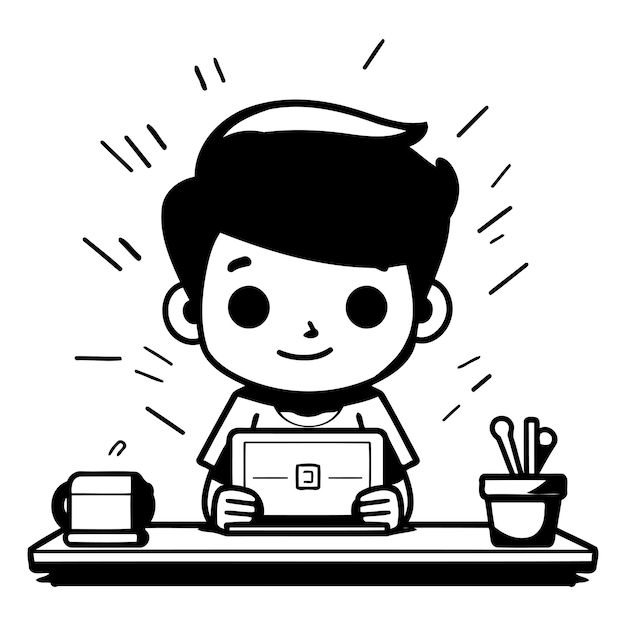Boy working on laptop Black and White Vector Cartoon Character Illustration