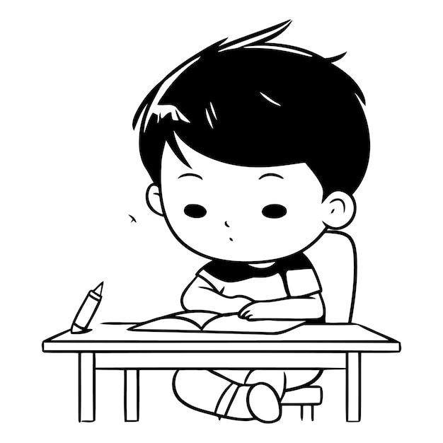 Vector boy writing in a notebook at the table vector cartoon illustration